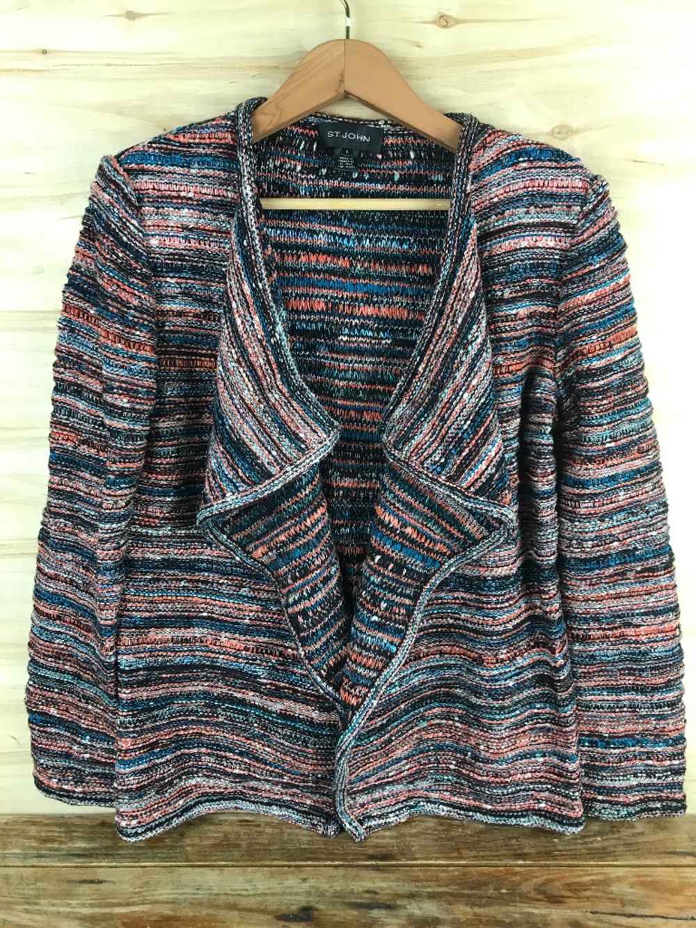 St John Wool Blend Multicolor Waterfall Open Knit Cardigan Size Small‎ Womens